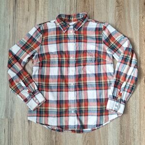 J. Crew Womens 100% Cotton Plaid Flannel Botton Down Shirt Size Medium Ivory Red